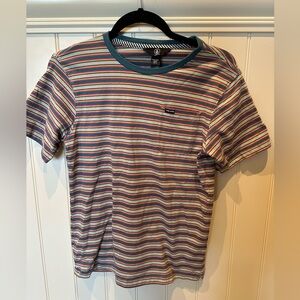 VOLCOM Boys Size Medium Blue Cream & Red Striped Short Sleeve Tee Shirt